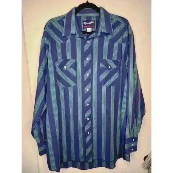Wrangler Men's Green & Blue Striped Long‎ Sleeve Snap Button Shirt Size 17.5/37 - Picture 1 of 3